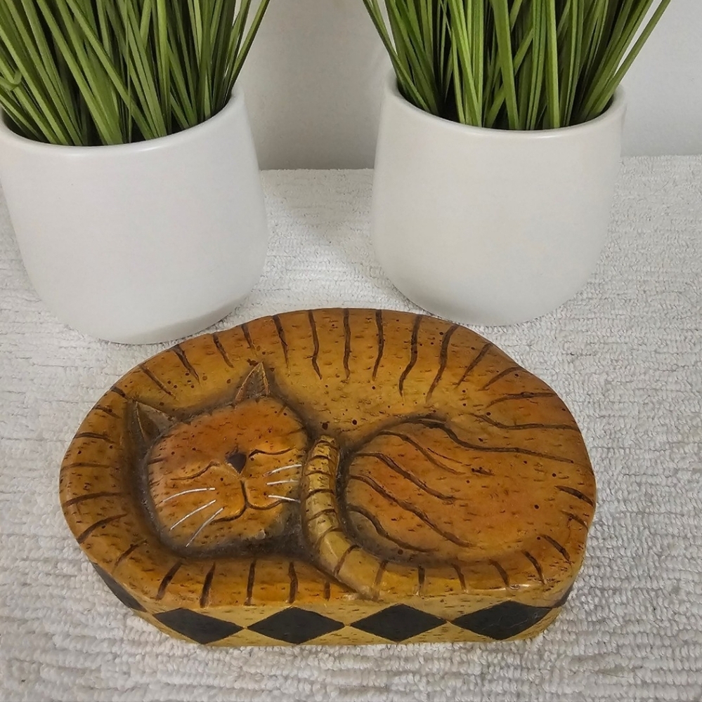 Linda Spivey Country Cat Collection VTG Sleeping Cat Sculpted Hand Painted Dish
